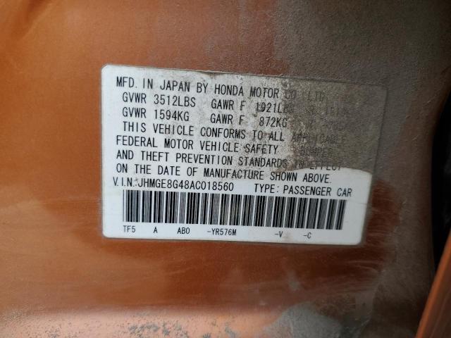 JHMGE8G48AC018560 - 2010 HONDA FIT SPORT ORANGE photo 12