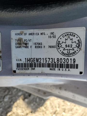 1HGEM21573L803019 - 2003 HONDA CIVIC LX SILVER photo 12