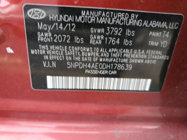 5NPDH4AE0DH178639 - 2013 HYUNDAI ELANTRA GLS BURGUNDY photo 12