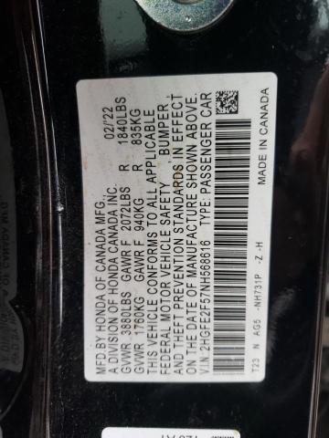 2HGFE2F57NH568616 - 2022 HONDA CIVIC SPORT BLACK photo 12
