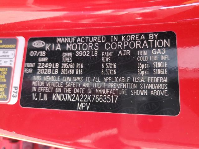 KNDJN2A22K7663517 - 2019 KIA SOUL RED photo 12