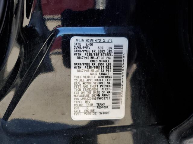 JN8AZ08W57W603721 - 2007 NISSAN MURANO SL BLACK photo 12