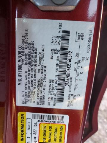 3FA6P0HD6KR160342 - 2019 FORD FUSION SE RED photo 12