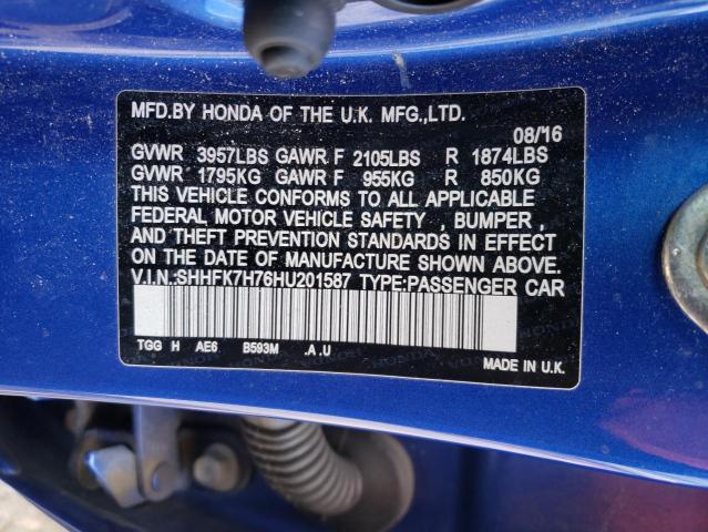 SHHFK7H76HU201587 - 2017 HONDA CIVIC EXL BLUE photo 13