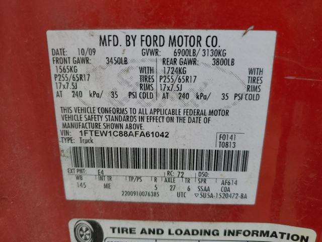 1FTEW1C88AFA61042 - 2010 FORD F150 SUPERCREW RED photo 12