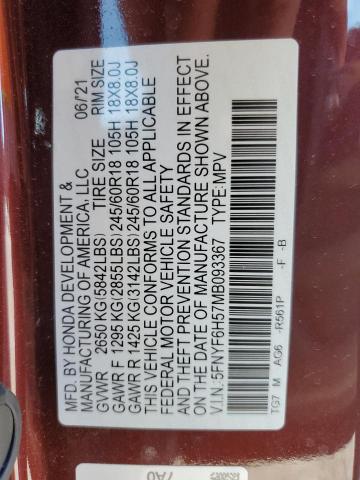 5FNYF6H57MB093367 - 2021 HONDA PILOT EXL BURGUNDY photo 13