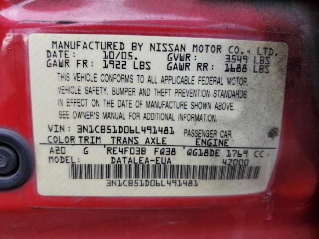 3N1CB51D06L491481 - 2006 NISSAN SENTRA 1.8 RED photo 13