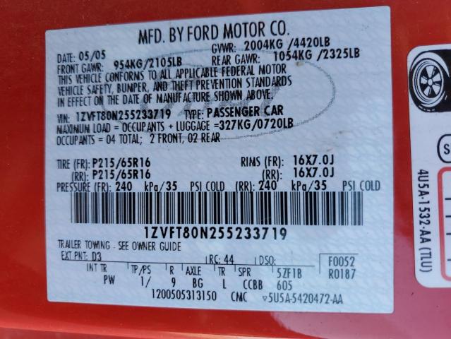 1ZVFT80N255233719 - 2005 FORD MUSTANG RED photo 12