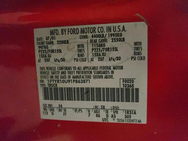 1FTYR10U91PB63871 - 2001 FORD RANGER RED photo 13