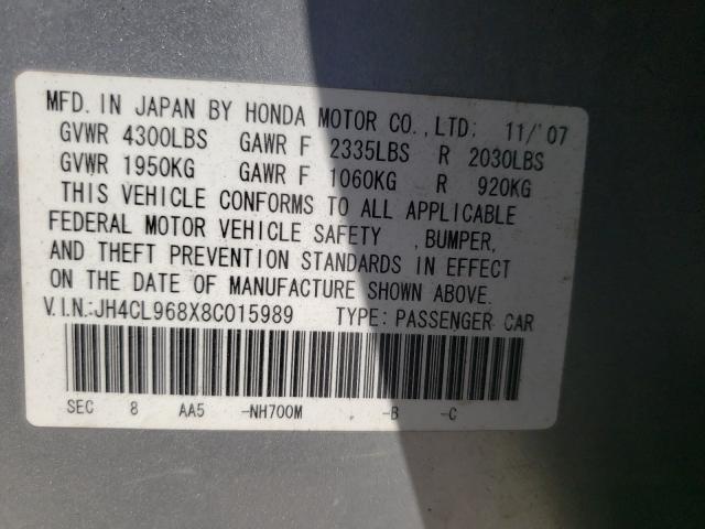 JH4CL968X8C015989 - 2008 ACURA TSX SILVER photo 10