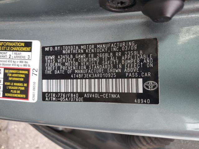 4T4BF3EK3AR010925 - 2010 TOYOTA CAMRY BASE TEAL photo 12