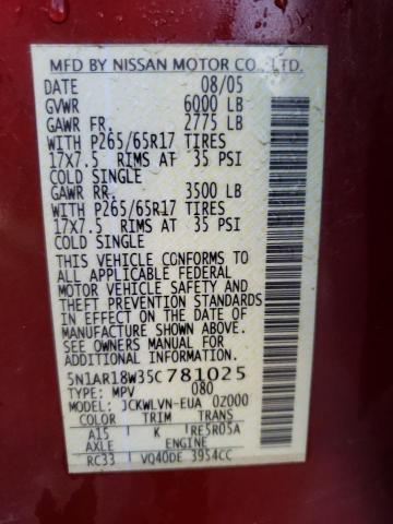 5N1AR18W35C781025 - 2005 NISSAN PATHFINDER LE RED photo 13