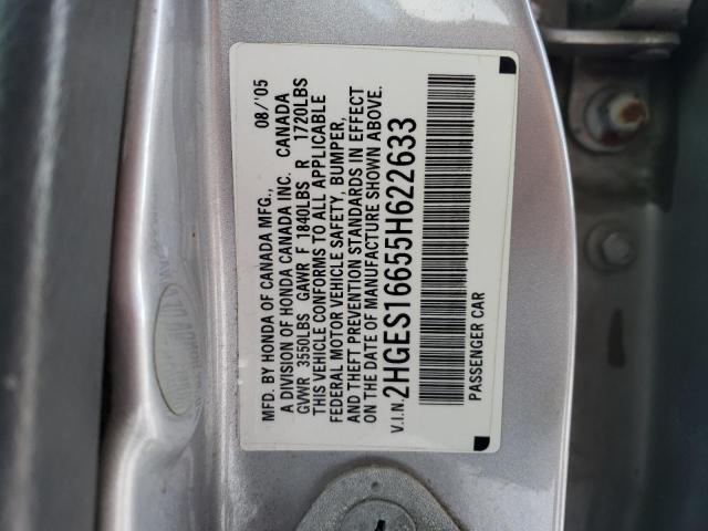 2HGES16655H622633 - 2005 HONDA CIVIC LX SILVER photo 12