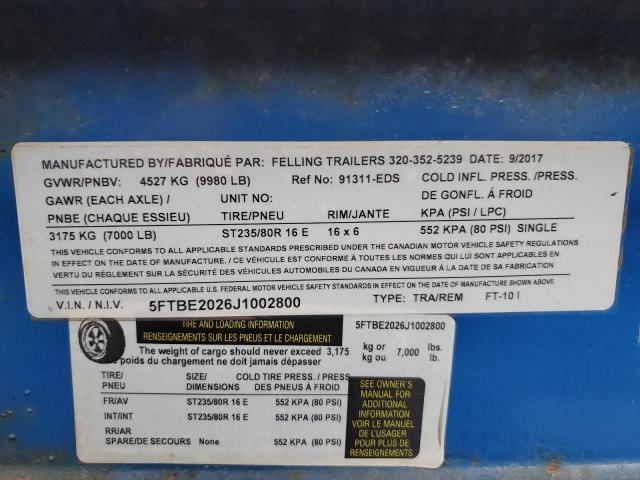 5FTBE2026J1002800 - 2018 FELL TRAILER BLUE photo 10