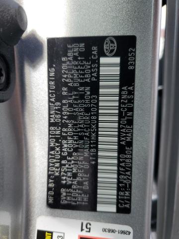 4T1B11HK5KU810703 - 2019 TOYOTA CAMRY L SILVER photo 12