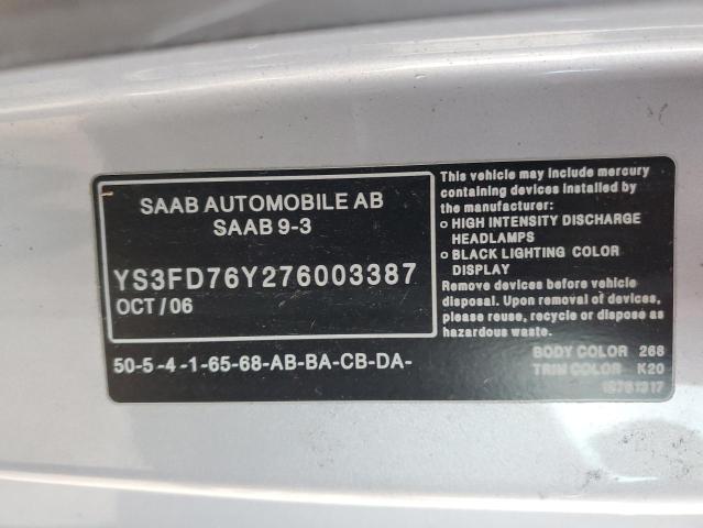 YS3FD76Y276003387 - 2007 SAAB 9-3 2.0T SILVER photo 12