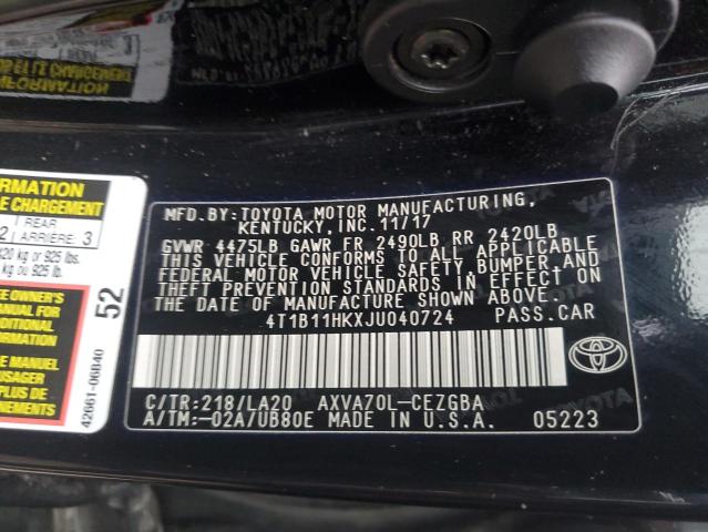 4T1B11HKXJU040724 - 2018 TOYOTA CAMRY L BLACK photo 12