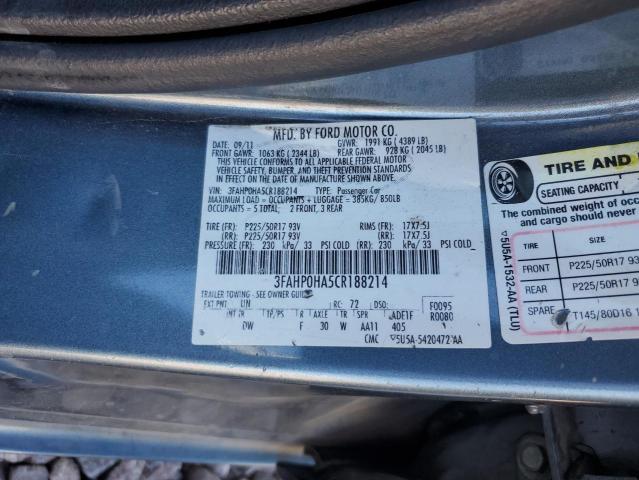 3FAHP0HA5CR188214 - 2012 FORD FUSION SE BLUE photo 12