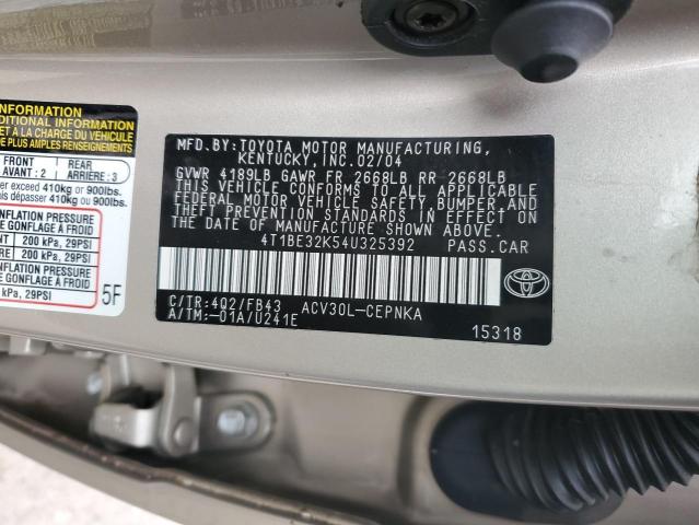 4T1BE32K54U325392 - 2004 TOYOTA CAMRY LE BEIGE photo 12