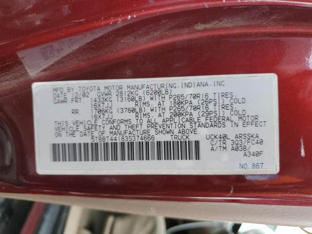 5TBBT44183S374666 - 2003 TOYOTA TUNDRA ACCESS CAB SR5 MAROON photo 12