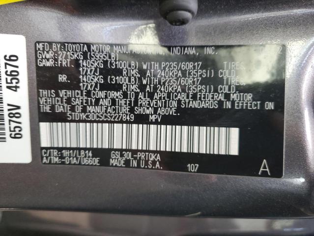 5TDYK3DC5CS227849 - 2012 TOYOTA SIENNA XLE GRAY photo 14