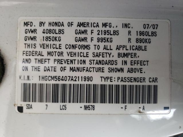 1HGCM56407A211990 - 2007 HONDA ACCORD LX WHITE photo 12