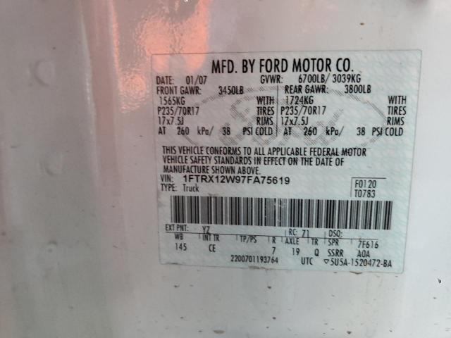 1FTRX12W97FA75619 - 2007 FORD F150 WHITE photo 12