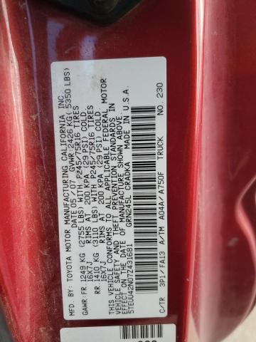 5TEUU42N07Z431681 - 2007 TOYOTA TACOMA ACCESS CAB Қызыл фото 12