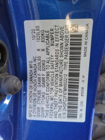 2HGFC2F87MH502212 - 2021 HONDA CIVIC SPORT BLUE photo 12