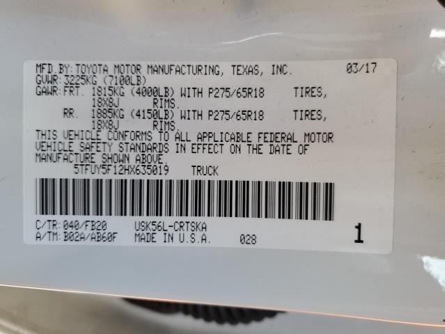 5TFUY5F12HX635019 - 2017 TOYOTA TUNDRA DOUBLE CAB SR/SR5 WHITE photo 12