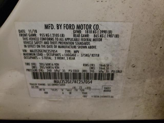 MAJ3S2GE7KC257054 - 2019 FORD ECOSPORT SE WHITE photo 13