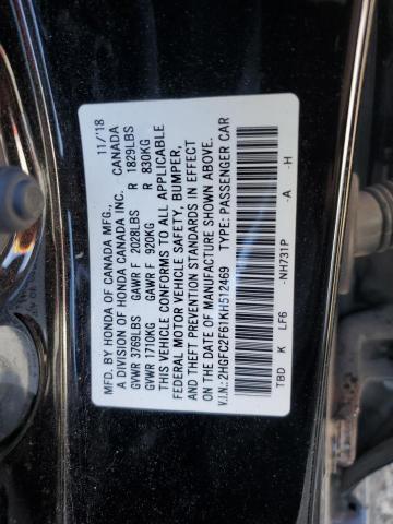 2HGFC2F61KH512469 - 2019 HONDA CIVIC LX BLACK photo 13