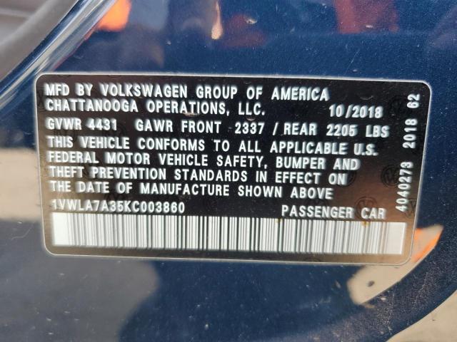 1VWLA7A35KC003860 - 2019 VOLKSWAGEN PASSAT WOLFSBURG BLUE photo 12