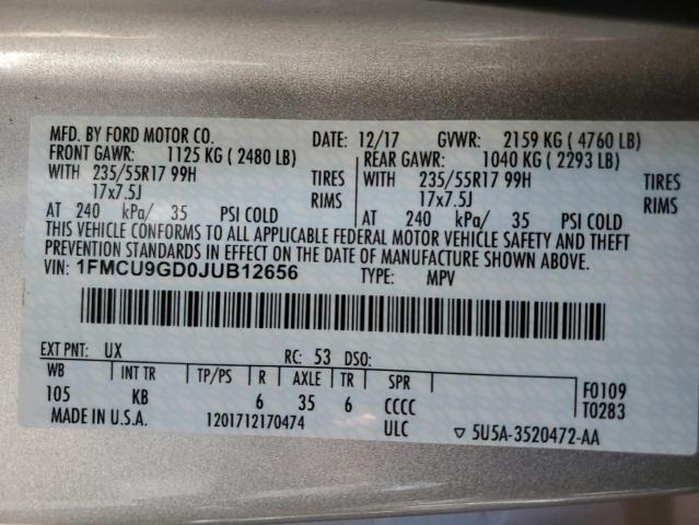 1FMCU9GD0JUB12656 - 2018 FORD ESCAPE SE SILVER photo 13