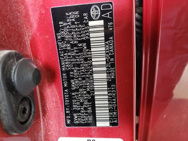 2T1BURHE7KC161987 - 2019 TOYOTA COROLLA L RED photo 12