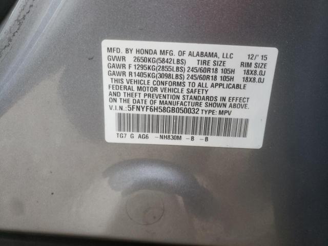 5FNYF6H58GB050032 - 2016 HONDA PILOT EXL SILVER photo 13