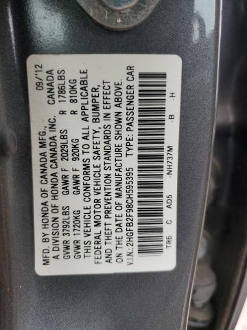 2HGFB2F98CH595395 - 2012 HONDA CIVIC EXL ნაცრისფერი ფოტო 13