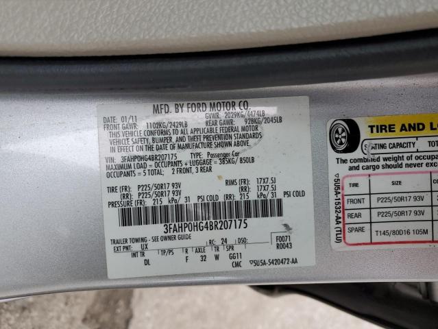 3FAHP0HG4BR207175 - 2011 FORD FUSION SE SILVER photo 12