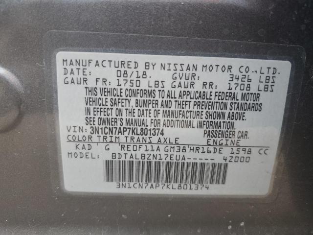 3N1CN7AP7KL801374 - 2019 NISSAN VERSA S SILVER photo 13