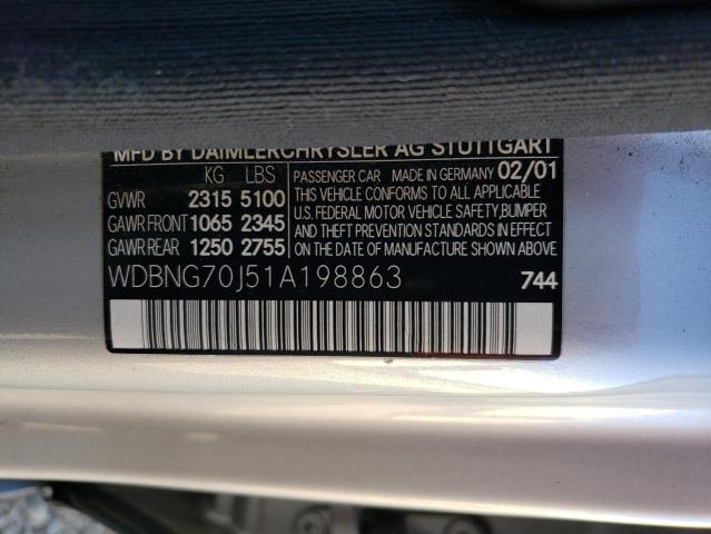 WDBNG70J51A198863 - 2001 MERCEDES-BENZ S 430 SILVER photo 12