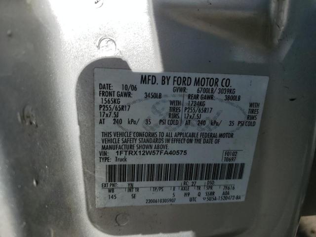 1FTRX12W57FA40575 - 2007 FORD F150 CREW SILVER photo 12