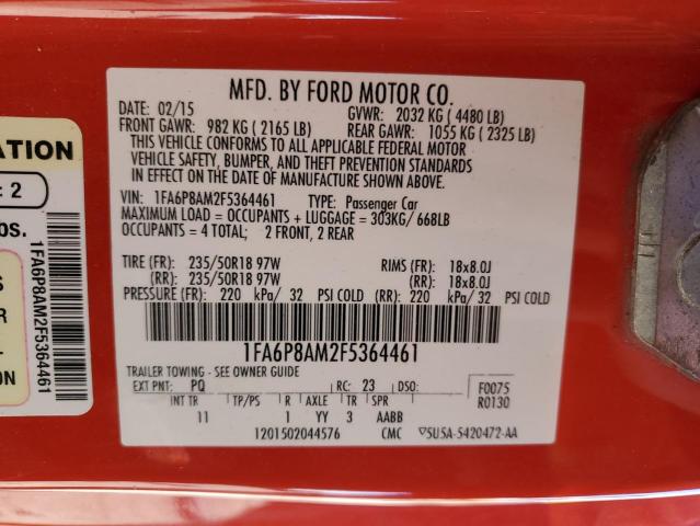 1FA6P8AM2F5364461 - 2015 FORD MUSTANG RED photo 13