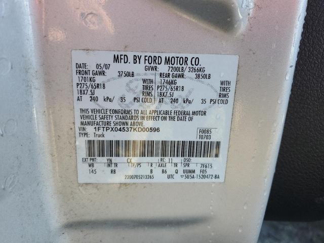 1FTPX04537KD00596 - 2007 FORD F150 SILVER photo 12