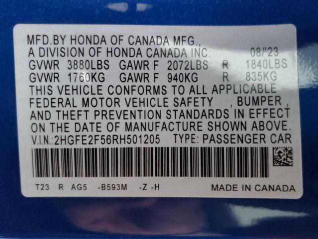 2HGFE2F56RH501205 - 2024 HONDA CIVIC SPORT 蓝色 照片 12