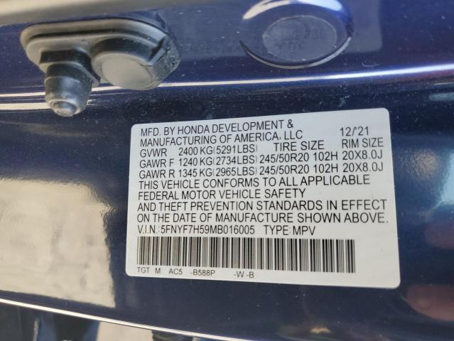 5FNYF7H59MB016005 - 2021 HONDA PASSPORT EXL BLUE photo 12