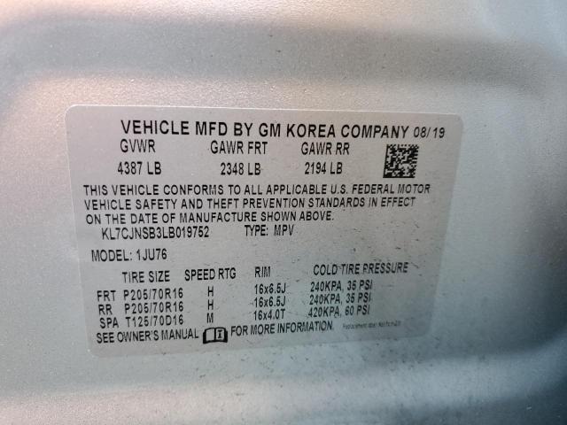 KL7CJNSB3LB019752 - 2020 CHEVROLET TRAX LS SILVER photo 12