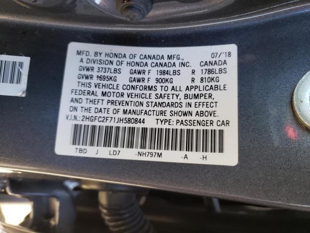 2HGFC2F71JH580844 - 2018 HONDA CIVIC EX GRAY photo 12