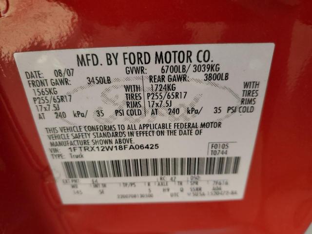 1FTRX12W18FA06425 - 2008 FORD F150 RED photo 12