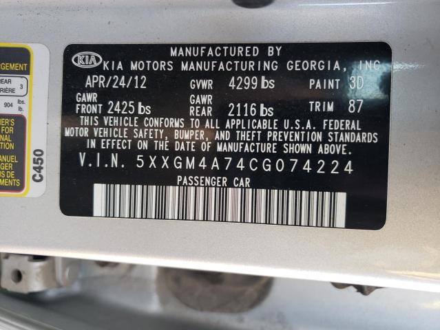 5XXGM4A74CG074224 - 2012 KIA OPTIMA LX SILVER photo 12