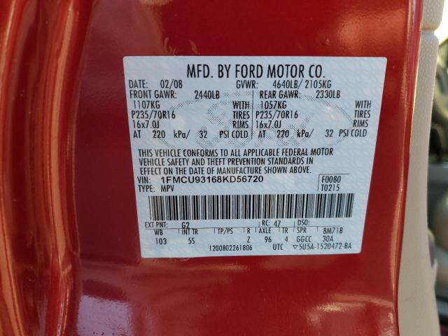 1FMCU93168KD56720 - 2008 FORD ESCAPE XLT RED photo 12